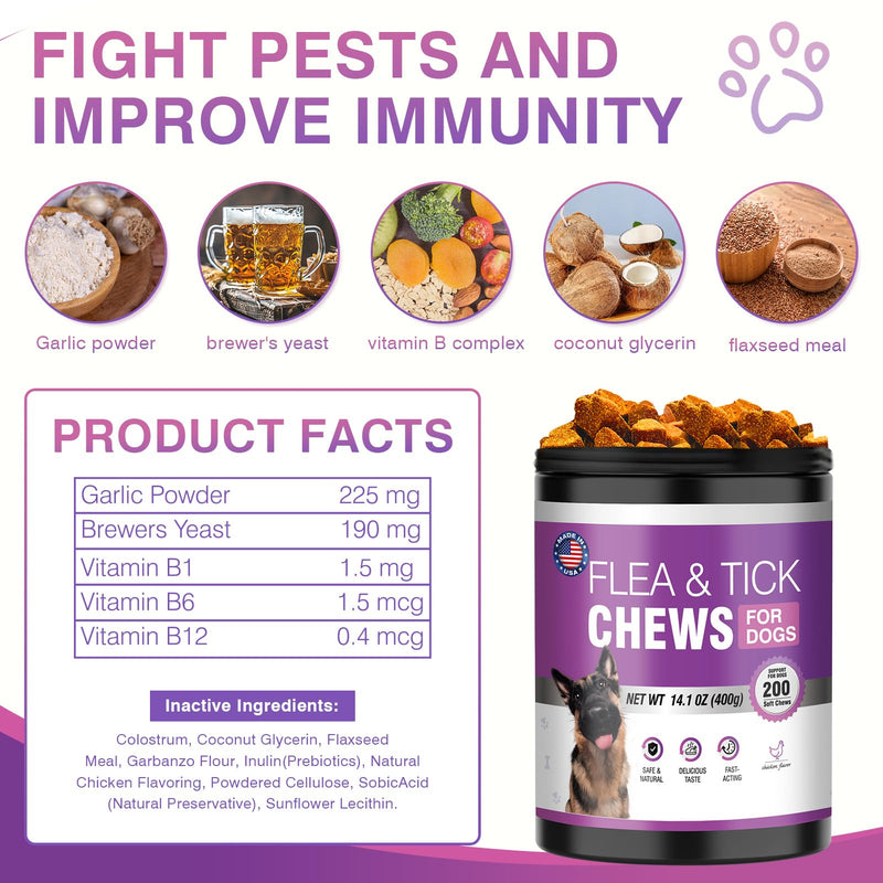 Flea and Tick Prevention Chewable for Dogs Fleas Ticks Treatment Dog Oral Chewables Support Supplement Breeds and Ages Dogs 200 Treatment Chews Natural Soft Chew Chicken - BeesActive Australia