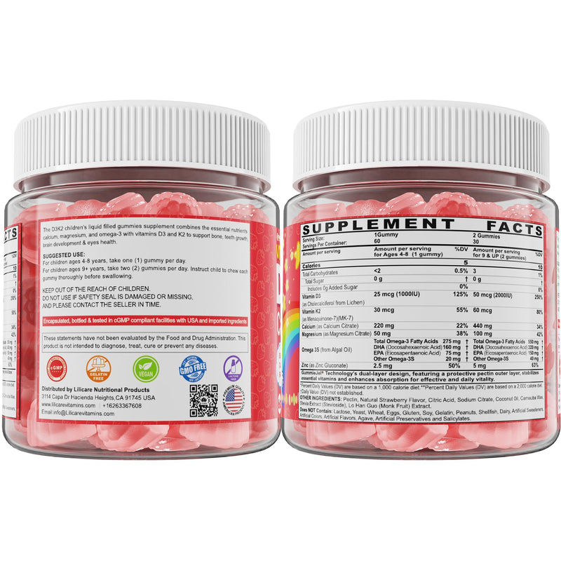 Vitamin D3 K2 + Calcium Liquid-filled Gummies for Kids & Teens, 1000IU / 2000IU D3 with Magnesium, Algal Omega 3, Kids Vitamins for Bones & Teeth, Calcium Absorption, Brain, Immune, Sugar-Free, 60Cts 60 Count (Pack of 1)