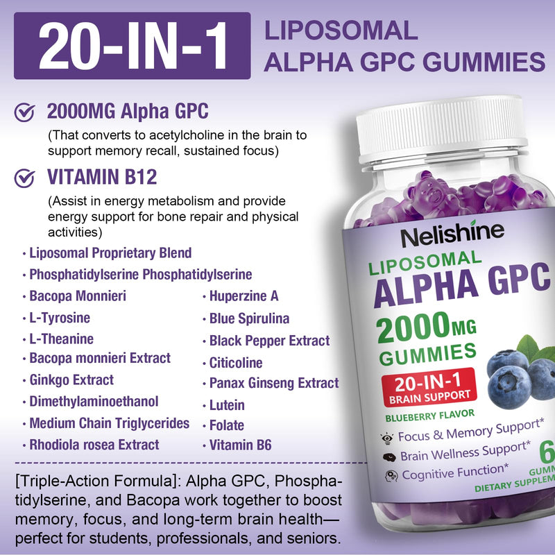 Liposomal Alpha GPC 2000mg & Citicoline Gummies Complex Phosphatidylserine,Ginkgo Biloba,L-Tyrosine,Huperzine A & B Vitamins,20-in-1 Blend for Focus, Memory & Cognitive Support 60 Count (Pack of 1)