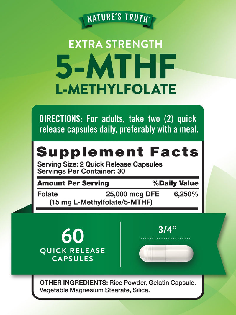 Nature's Truth L Methylfolate 15mg | 60 Capsules | Non-GMO & Gluten Free Supplement | Extra Strength | Non-GMO & Gluten Free Supplement | Extra Strength 60 Count (Pack of 1)
