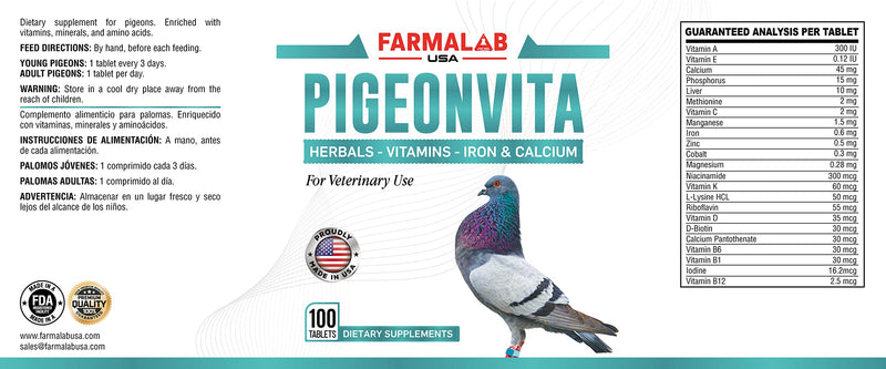 PIGEONVITA para Palomas 100Tabs Vitamins Minerals Aminoacids for Racing Pigeons Show Pigeons Rollers Hens Doves Vitaminas Minerales Aminoacidos - PawsPlanet Australia