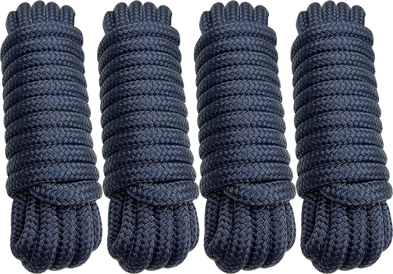 Double Braid 5/8" x 20' Boat Dock Lines (4-Pack) – Nylon Boat Ropes for Docking with 15" Spliced Eye – Heavy Duty Marine Rope – Soft & Durable Boat Lines for Pontoon and Light Boat (Navy Blue) 5/8" x 20' (Pack of 4)
