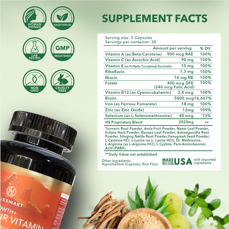 H5 Grow+ Hair Vitamin Supplement - Biotin, Ayurvedic Herbs & 5 Nutrient Groups for Hair Growth, Density & Strength | Best Supplement for Hair Loss | Hair Growth Vitamins, 90 Count, Pack of 1