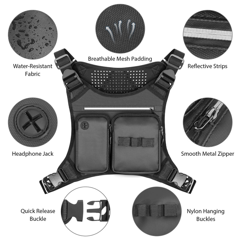Chest Bag for Men, Waterproof Sports Utility Chest Pack with Water Bottle Holder&Phone Holder, Lightweight&Adjustable EDC Sports Chest Bag for Workout Running Fishing Cycling Hiking Skiing Black