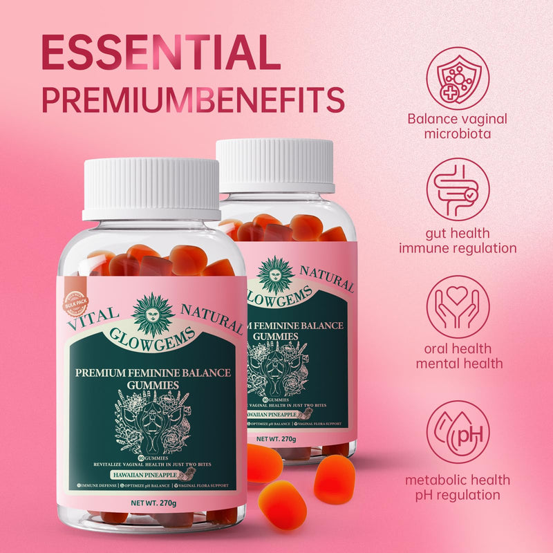 Vital Natural Feminine Balance Gummies, pH Balance & Intimate Health Support, Hawaiian Pineapple Flavor, 90 Count 45 Servings, Vegan Probiotic Supplement for Women, Immune Defense 1 Count (Pack of 90)