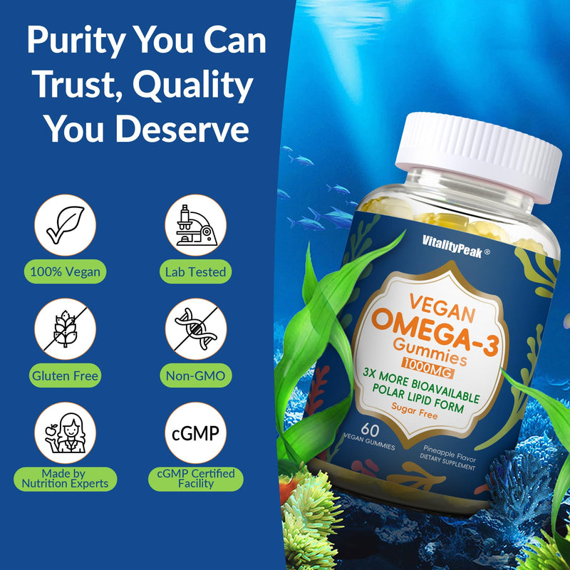 Vegan Omega 3 Gummies 1000mg - Algae Omega 3 Supplement for Women & Men with CoQ10, Vitamin D3, K2 & Turmeric - Fish Oil Alternative for Adults with DHA EPA for Brain, Eye- Sugar Free, 60 Count 60 Count (Pack of 1)