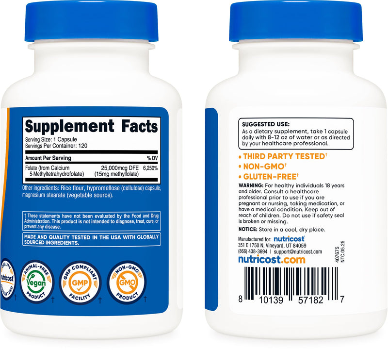 Nutricost L-Methylfolate 15mg, 120 Capsules (5-MTHF) - Vegan, Non-GMO, Gluten Free (Pack of 2) 120 Count (Pack of 2)