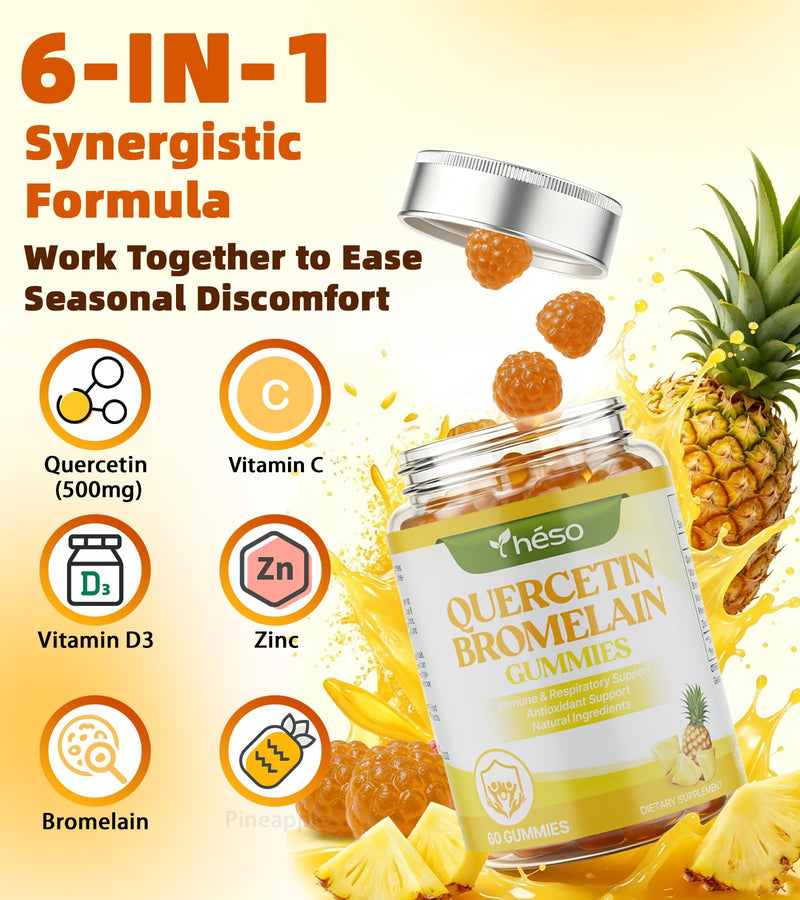 Quercetin Gummies 500mg with Bromelain, Vitamin C, D3 & Zinc – Sugar Free Immune Support Supplement – Antioxidant Complex with Pineapple Enzyme, 60 Gummies (30 Servings) 60 Count (Pack of 1)