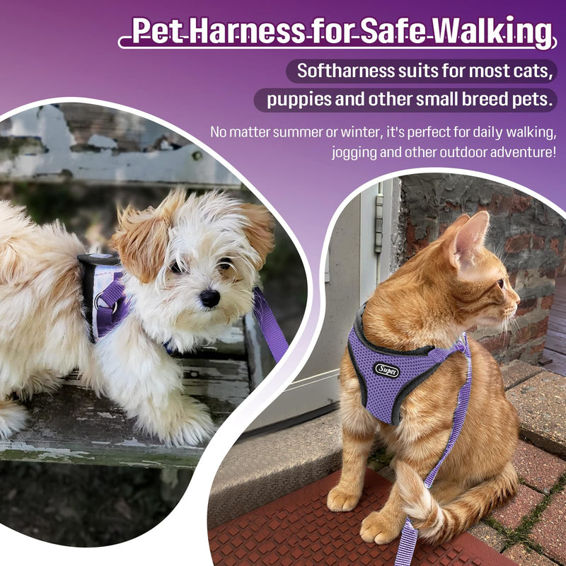 Supet Cat Harness and Leash Set for Walking and Small Dog Soft Mesh Harness Adjustable Vest with Reflective Strap Comfort Fit for Pet Kitten Puppy Rabbit S (Chest: 9.5" - 13.0") Purple - BeesActive Australia