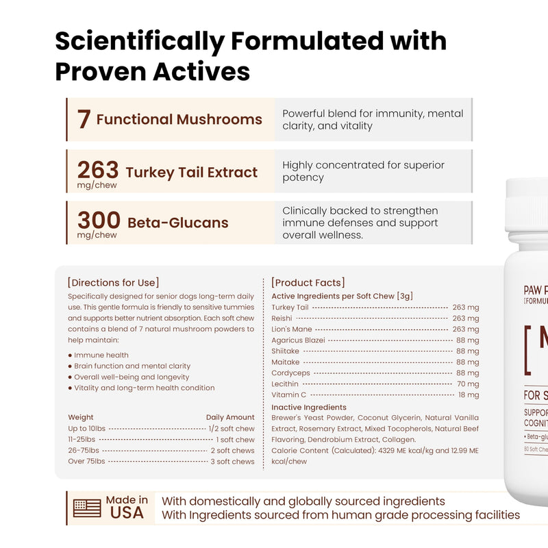 Pawpulse Formula Mushroom Chews for Dogs with Turkey Tail, Lion's Mane & Reishi – Senior Dog Supplement for Lipoma, Lumps & Bumps – Immune Support & Gut Health – 80 Count