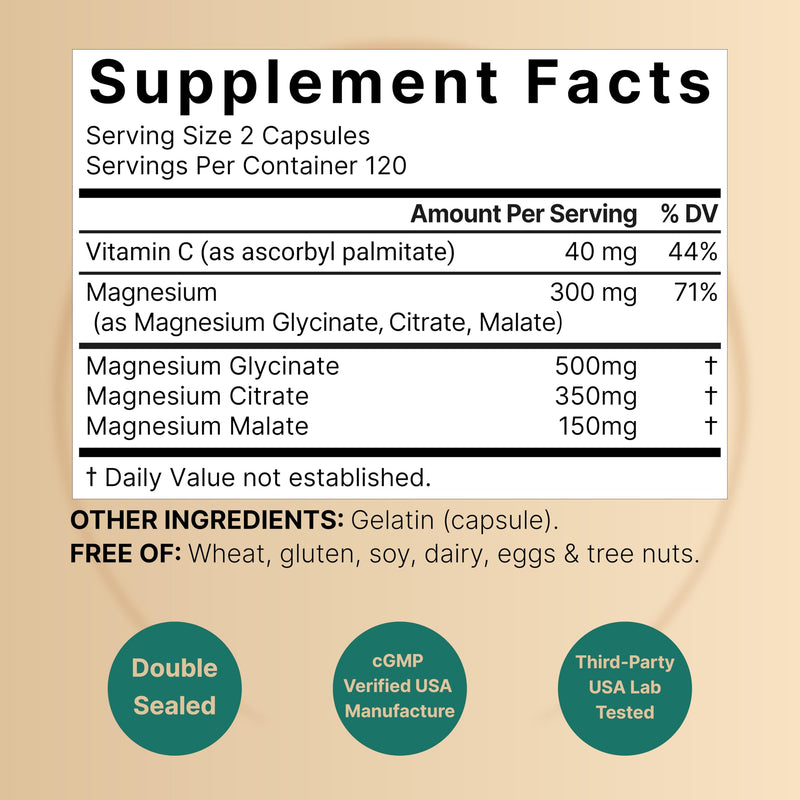 NatureBell Triple Magnesium Complex, Glycinate Citrate Malate, 240 Capsules | 1,000 mg Blend Per Serving. 3-in-1 Chelated Magnesium Supplement with Vitamin C. For Women & Men. Filler Free, Non-GMO. 240 Count (Pack of 1)