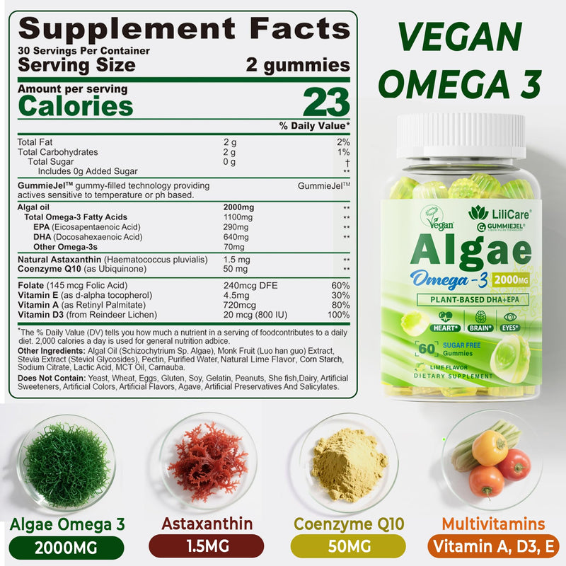 Omega 3 Gummies 2200mg from Algae Oil (DHA 640mg & EPA 290mg) for Women & Men, Vegan Omega 3 Fish Oil Alternative, w/CoQ10, Astaxanthin, Vitamin A, E, D3 for Brain, Eye, Antioxidant,Sugar Free 2Packs 60 Count (Pack of 2)