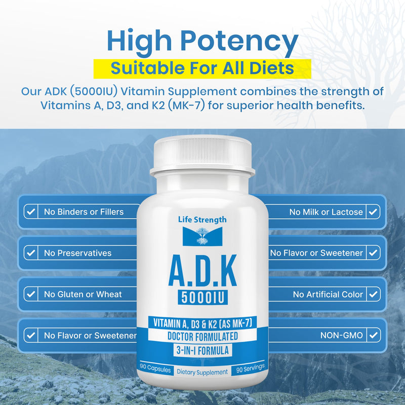 ADK 5 - ADK Vitamin Supplement - High Potency Vitamin A, D3 5,000 IU & K2 (MK-7) for Healthy Bone, Heart & Immune Support - Non-GMO, Gluten Free 90 Capsules (3-Month Supply) Pack of 1