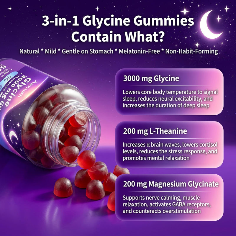 (3 Pack) Glycine Gummies, Glycine 3g With L-theanine & Magnesium Glycinate, Glycine Supplements for Sleep, Detox, Relax, Nerve Support, High Absorption, Sugar Free, Vegan, Non-GMO, Mixed Berry Flavor 60 Count (Pack of 3)