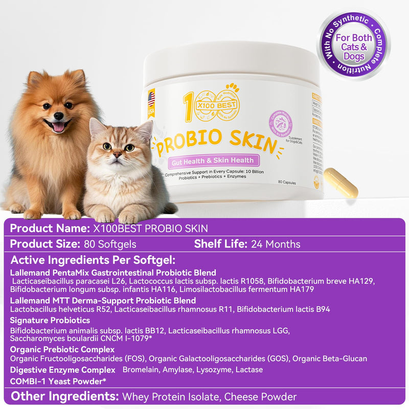 Probiotics for Dogs, 4 Digestive Enzymes & 11 Probiotics Blend, Supports Pet Gut Health, Itchy Skin & Yeast Issues Relief, Sensitive Stomach, Digestion & Immune System, 80 Capsules
