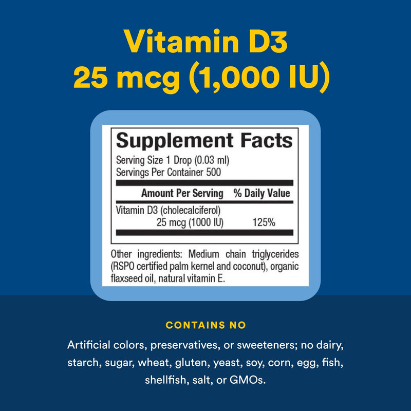 Natural Factors Vitamin D3 - Liquid Vitamin D Supplement for Immune System Support - Daily Supplement Supports Bone & Teeth Health - 0.5 fl oz (500 Servings) 0.5 Fl Oz (Pack of 1)