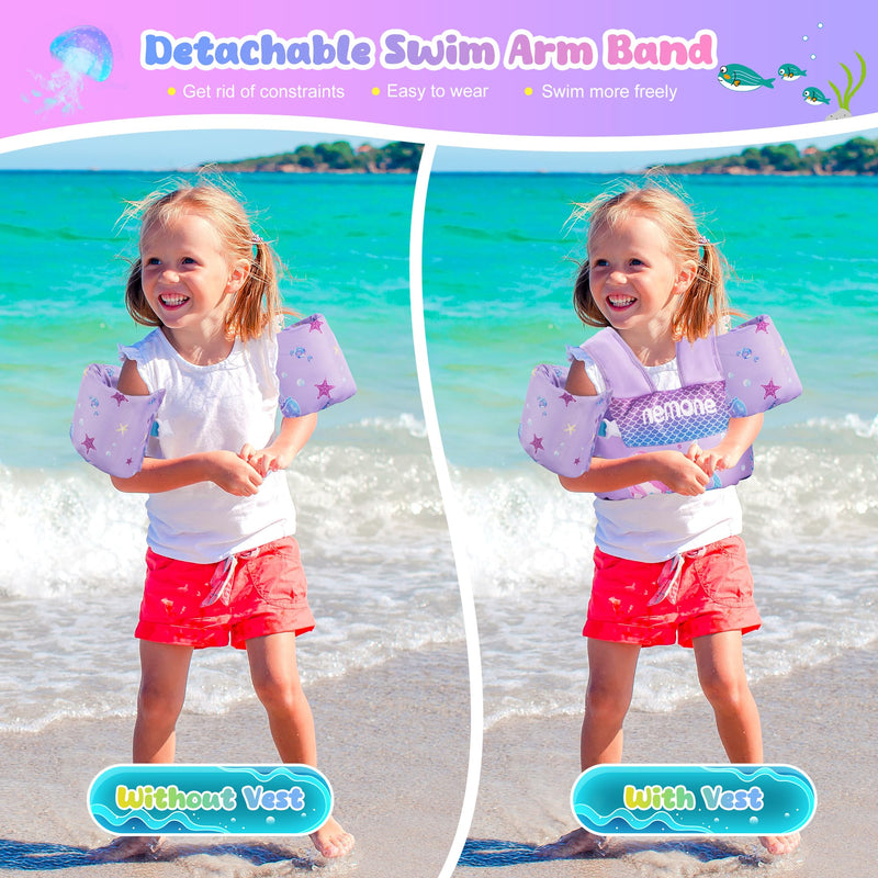 Nemone Toddler Swim Vest for 22-70 lbs Kids Floaties Swim Jacket with Arm Water Wings for Girls Boys 1 2 3 4 5 6 7 Years Old Beach Pool 20 30 40 50 60 66 Pounds Puddle Jumper A- Purple Mermaid Kids 22-70 lbs