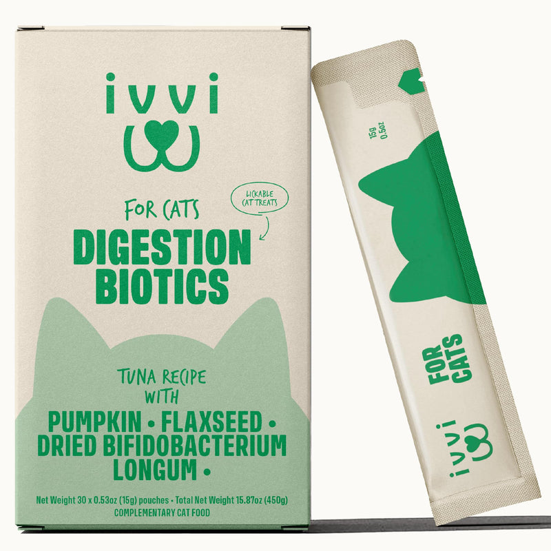 ivvi Digestion Biotics for Cats, Creamy Lickable Cat Treats with Real Tuna, Pumpkin, Flaxseed & Prebiotic FOS, Daily Digestive Support, Heat-Treated Probiotic Components, 30 Pouches, 15g Each