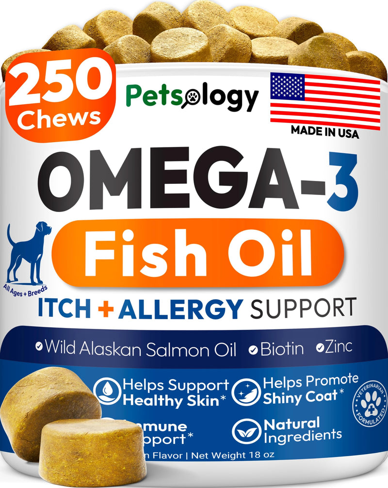 Omega 3 for Dogs - 250 Fish Oil Chews for Dog Shedding, Allergy & Itch Relief, Hot Spot Treatment - Advanced Skin & Coat Supplement - Joint Health - EPA & DHA Fatty Acids - Salmon Oil & Probiotics 250 Chews