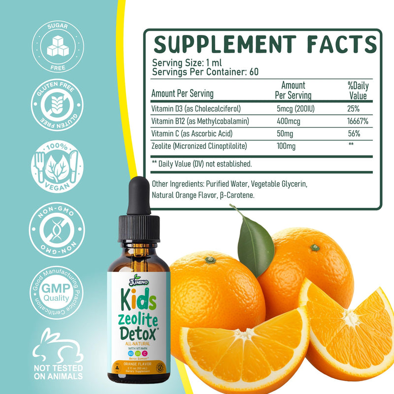 Zeolite Detox Drops for Kids - Orange Flavor, Vegan, Gluten-Free | Gentle Micronized Clinoptilolite - Liquid Supplement with Vitamins B12, C & D to Clean Toxins for Children & Toddlers 2 Fl Oz (Pack of 1)