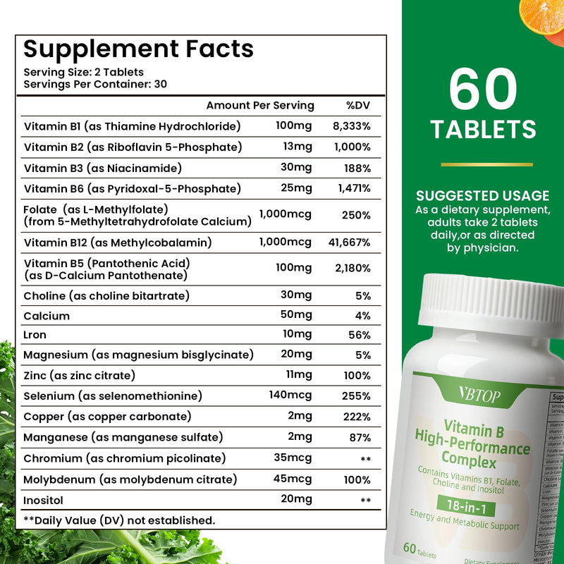 Vitamin B Complex, with Vitamins B1, B2, B3, B5, B6, B12 120 Tablets | with Folic Acid, Choline, Zinc, Calcium, Inositol for Brain and Heart Health, Immune Health, and Cellular Energy Support 2 Bottles