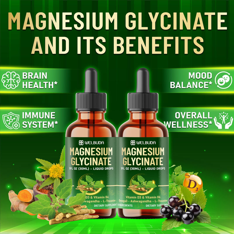 10in1 Magnesium Glycinate Liquid Drop with Omega-3, Vitamin D3, Vitamin B6, Ashwagandha, L-Theanine, Turmeric, Rhodiola Rosea, Elderberry, Lemon Balm - 1 FL Oz - 30 Days Supply