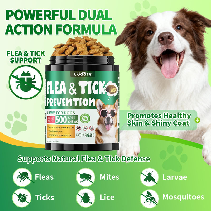 Flea and Tick Prevention for Dogs Chews, Dog Flea Chewables with Skin & Coat Support – Oral Supplement for All Breeds & Ages – Natural Duck & Chicken & Cheese Flavor