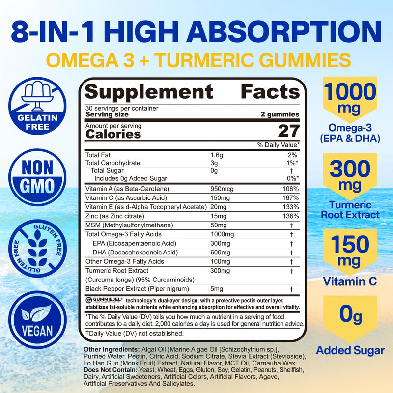 Vegan Omega-3 Gummies 1000mg + Turmeric - Omega 3 Fish Oil Alternative for Adults - Algae DHA 600mg & EPA 300mg, Vitamins A, C, E, Zinc & MSM, Sugar Free, 60 Cts 60 Count (Pack of 1) - BeesActive Australia
