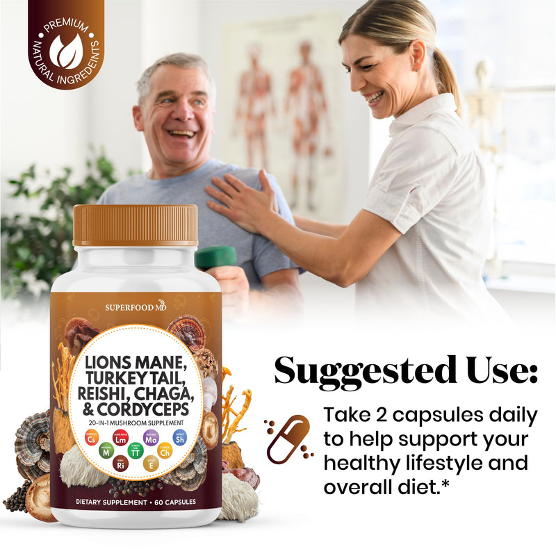Lions Mane Mushroom Supplement with Turkey Tail Reishi Cordyceps Chaga with Marshmallow Root - 120 Count 120 Capsules (Pack of 2)