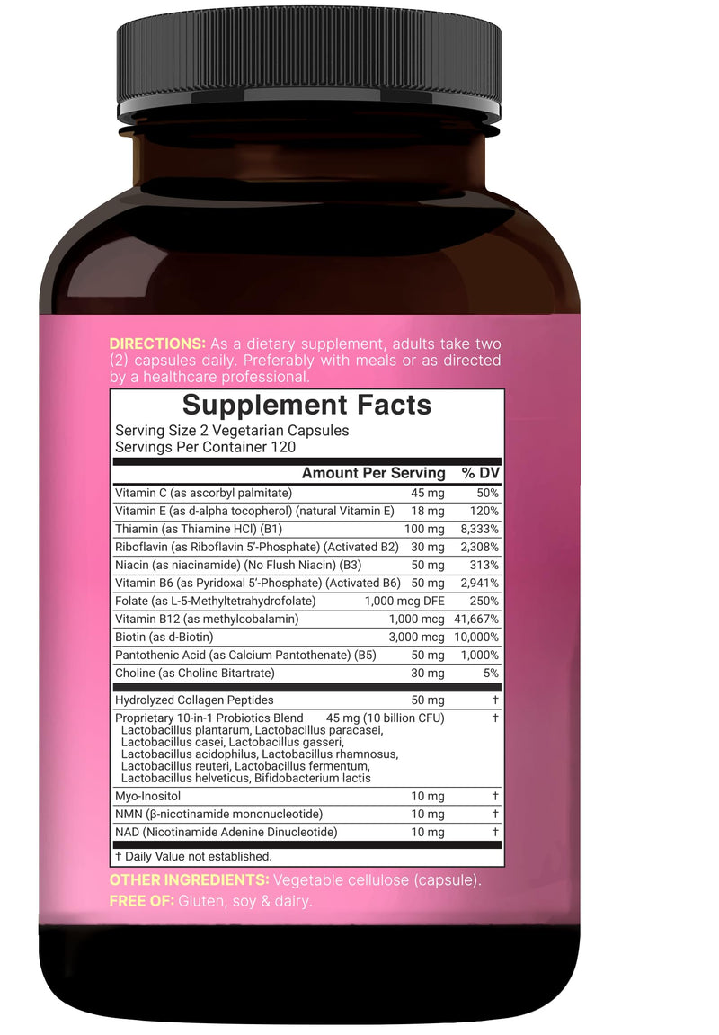 NatureBell Methylated B Complex Vitamins for Women, 240 Veggie Capsules | with Methylfolate, B12, Inositol, Choline, Vitamin C, E, Probiotics, Collagen & NMN | Energy Support* | Non-GMO, Filler Free