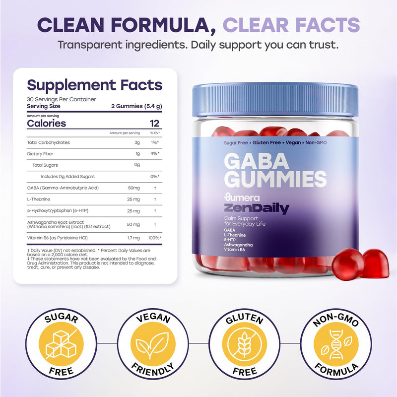 GABA Gummies - Calm, Sleep Support, Stress Relief, Non-Groggy, Hormone-Free, 60 Count, Brain Relaxation, Natural Neurotransmitter