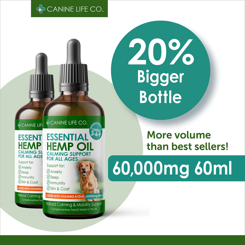 Canine Life Co.® Hemp Oil For Dogs 60ml, 60,000mg - Dog Calming Supplement - Dog Calming Drops - Omega 3,6,9 For Dogs - Supports & Maintains Healthy Joints - Made In The UK (1 Pot 60ml) 1 Pot (60ml)
