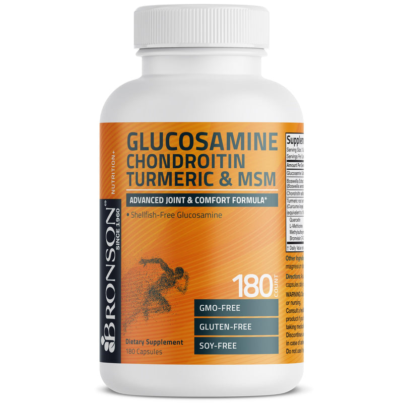 Bronson Glucosamine Chondroitin Turmeric & MSM Joint Support, 180 Capsules | Standardized Boswellia, Shellfish-Free Glucosamine, Mobility & Comfort Support, Non-GMO, Gluten-Free & Soy-Free 180 Count (Pack of 1)