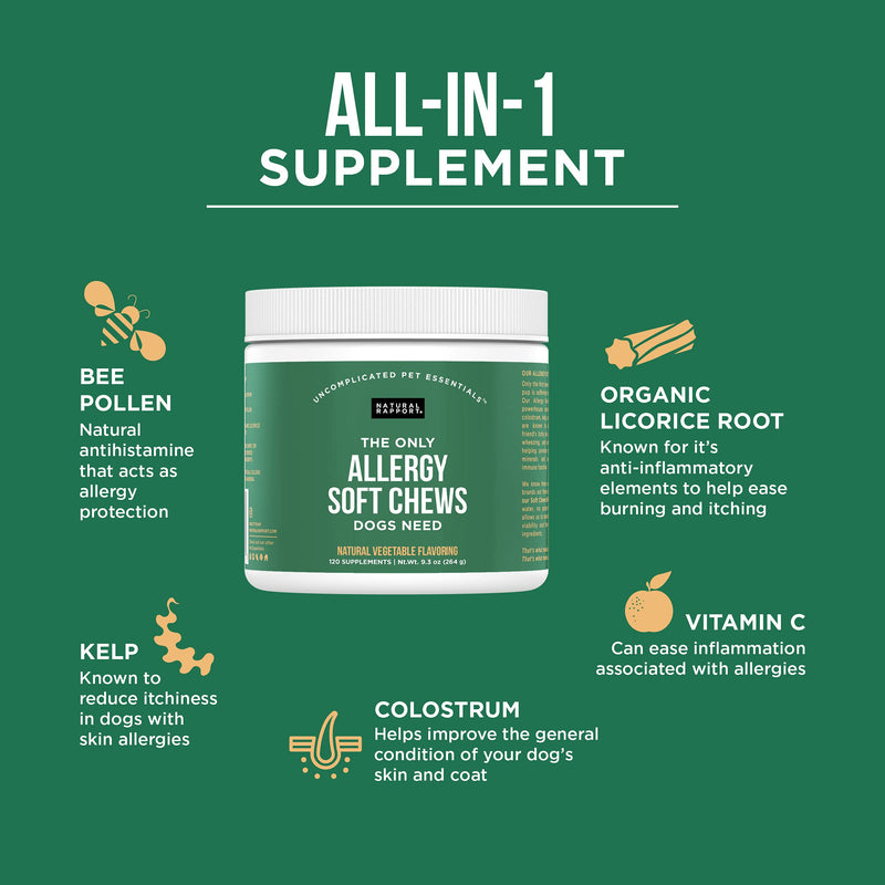 Natural Rapport Dog Allergy Supplement - The Only Allergy Soft Chews Dogs Need - 120ct Treats That Contain Kelp and Bee Pollen for Allergy and Itch Relief Allergy Chew - PawsPlanet Australia