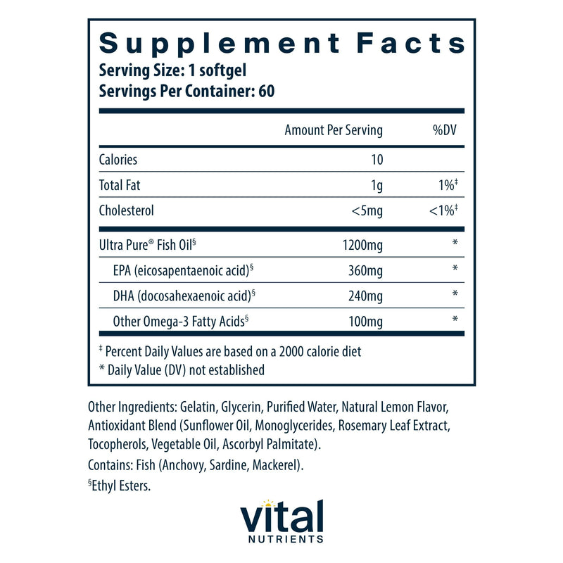 Vital Nutrients Ultra Pure Fish Oil 700 - Supports Heart, Brain, and Joint Health* - Sustainably Sourced High EPA & DHA Omega-3 Fatty Acid - Lemon Flavor - Gluten, Dairy & Soy Free - 60 Softgels 60 Count (Pack of 1)