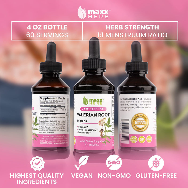 Maxx Herb Valerian Root Extract - Max Strength, Liquid Valerian Root Absorbs Better Than Capsules, for Relaxation and Restful Sleep, Alcohol-Free - 4 Oz Bottle (60 Servings) 4 Fl Oz (Pack of 1) - BeesActive Australia