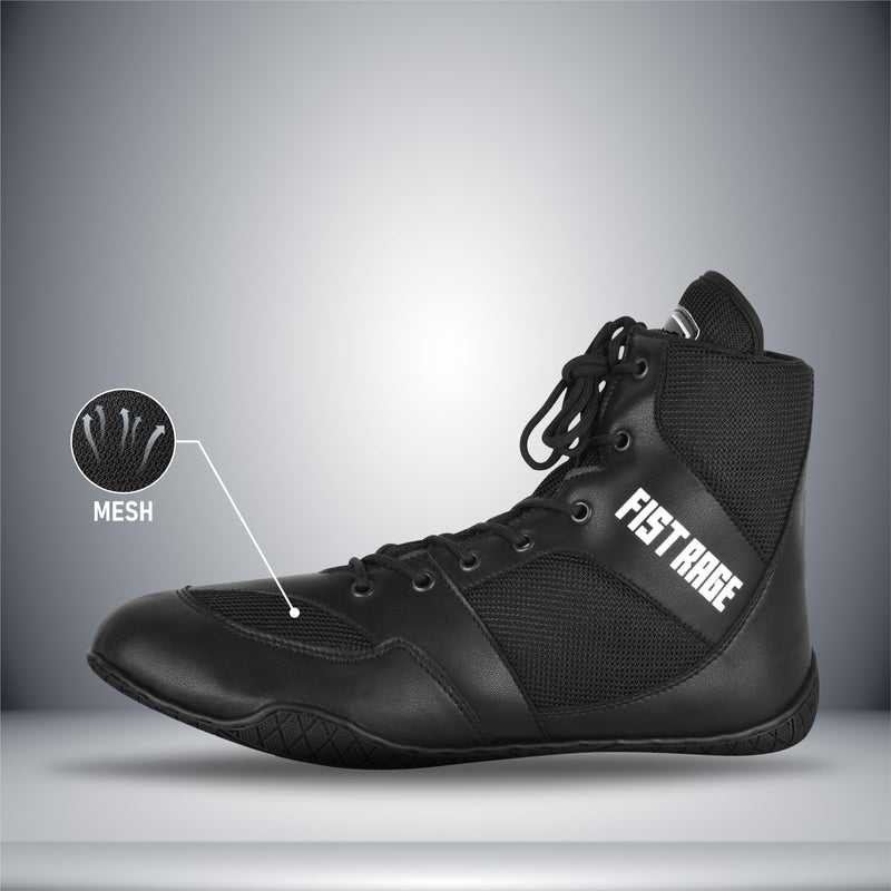 FISTRAGE Boxing Shoes Lightweight Microfiber Leather Kickboxing Training and Fighting Boots Pro Fighters with Mesh and Rubber Sole for Extra Grip - Ventilated Design - Men, Women, Kids Sizes Along With Sting Bag 8.5 Women/7 Men Black - BeesActive Australia