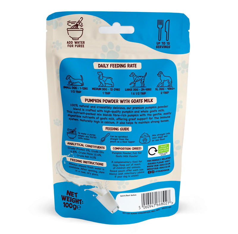 True Dog Pumpkin Powder with Goats Milk 100g | Natural Pumpkin Puree Powder for Dogs, Digestive Supplement, Stool Firming, High Fibre Dog Food Topper, Manufactured in the UK