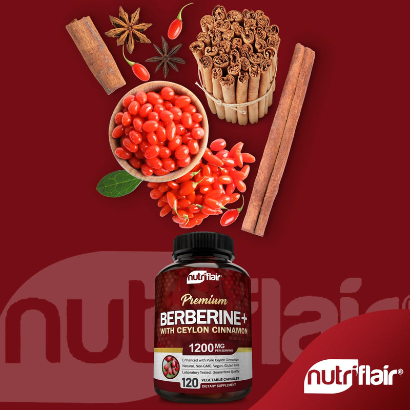 NutriFlair Premium Berberine HCL 1200mg, 120 Capsules - Plus Pure True Ceylon Cinnamon, Berberine HCI Root Supplements Pills - Immune System - yields an Optimal 8% HCl