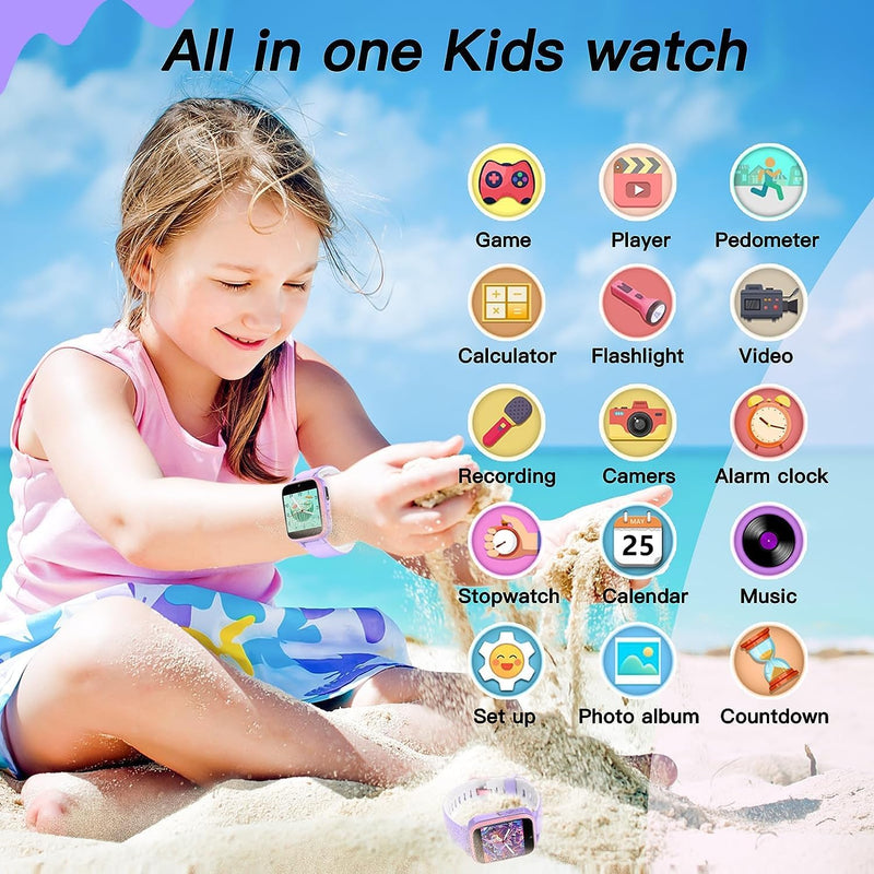 ZONEY Kids Camera Smartwatch, Game Watch Toy with Music Player, Kids Video Smart Watch with Puzzle Games, Flashlight,Alarm Clock,Pedometer, Watch for Boys Girls (Purple)
