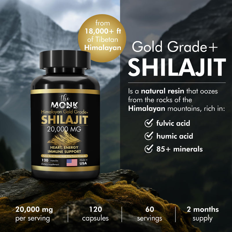 Himalayan Shilajit with Fulvic Acid, Humic Acid, 85+ Minerals- Gold Grade Plus - Same as Resin - Energy, Stamina, Brain Support - 20,000mg, 120 Capsules - Made in The USA - BeesActive Australia
