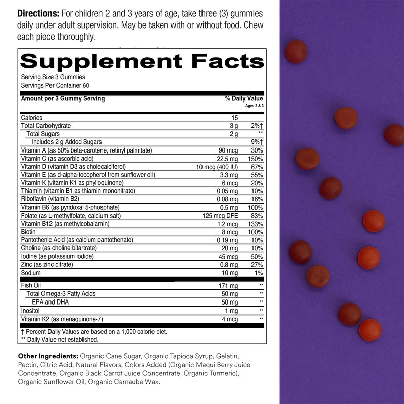 SmartyPants Toddler Multivitamin Gummies: Omega 3 Fish Oil(EPA/DHA), Vitamin D3, C, B12, B6, A, K & Zinc, Biotin, Beta Carotene, Gluten Free, 3 Fruit Flavors, 180 Count (60 Day Supply) (Pack of 2) 180 Count (Pack of 2) Discontinued - 60 Day Supply
