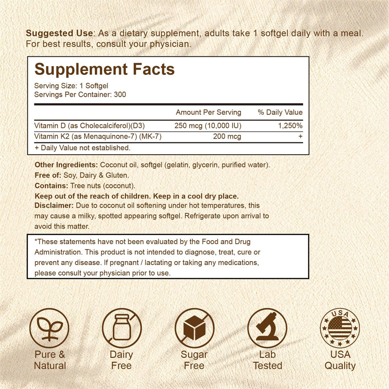2-in-1 Vitamin D3 K2 Supplement Softgel, Vitamin D3 10000 IU and Vitamin K2 200 mcg, K2 MK7 with D3 Vitamin Supplement Support Immune, Heart, Teeth Health 300 Count (Pack of 1) 10,000 IU D3 & 200MCG K2 300 Softgels