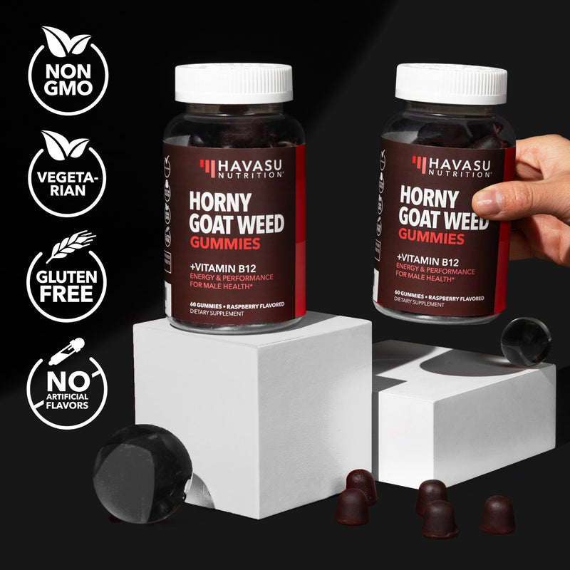Horny Goat Weed Gummies with Vitamin B12, Raspberry Flavor, 30 Count | 30 Count, Vegetarian-Friendly, Non-GMO, Pectin-Based Gummies for Energy and Endurance Support, Raspberry Flavor, 15 Servings 30 Count (Pack of 1)
