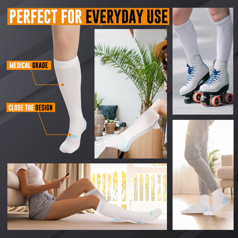 Doc Miller TED Hose Knee High Anti Embolism Stockings for Women & Men, Hospital Style Surgical Stockings, Plus Size White Compression Socks 15-20mmHg, Support Hose with Inspection Hole (M-5XL) Large (1 Pair)