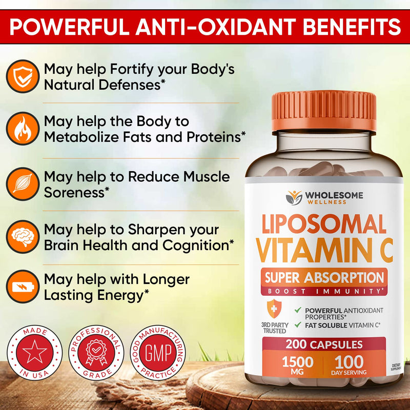 Liposomal Vitamin C Capsules (200 Pills 1500mg Buffered) High Absorption VIT C, Immune System & Collagen Booster, High Dose Fat Soluble Immunity Support Ascorbic Acid Supplement, Natural Vegan - BeesActive Australia
