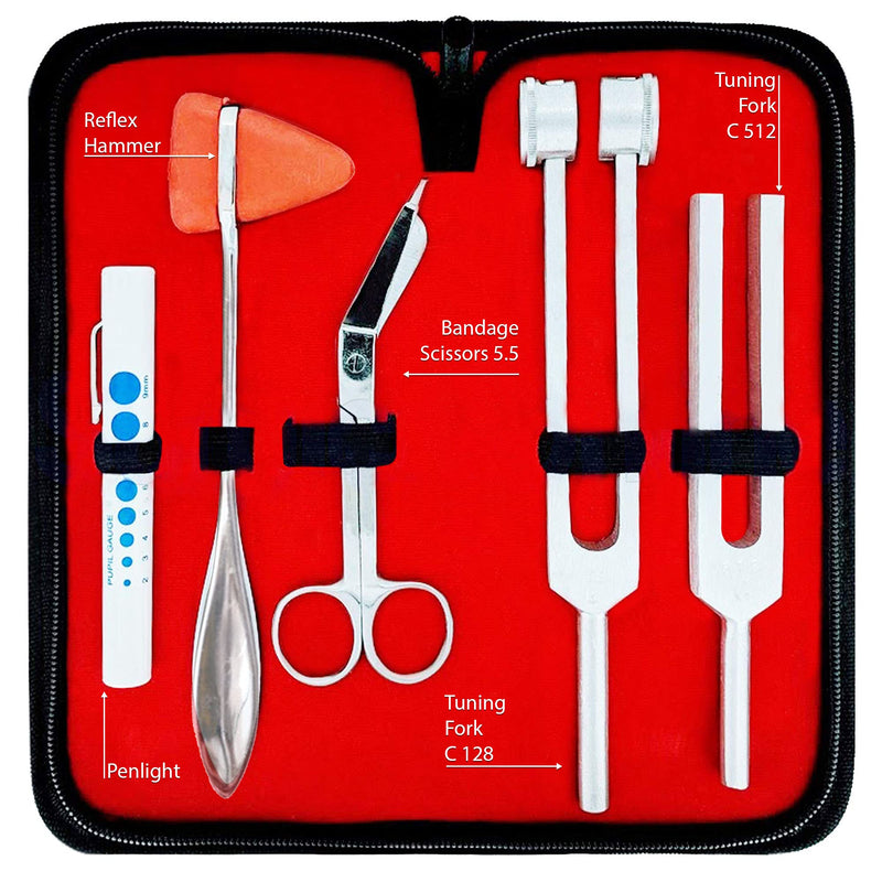 SurgicalOnline Percussion Taylor Reflex Hammer + C 128 & C 512 Tuning Forks + Bandage Scissors + Pupil Gauge Pen Light in Carrying Case - 6-Piece Set