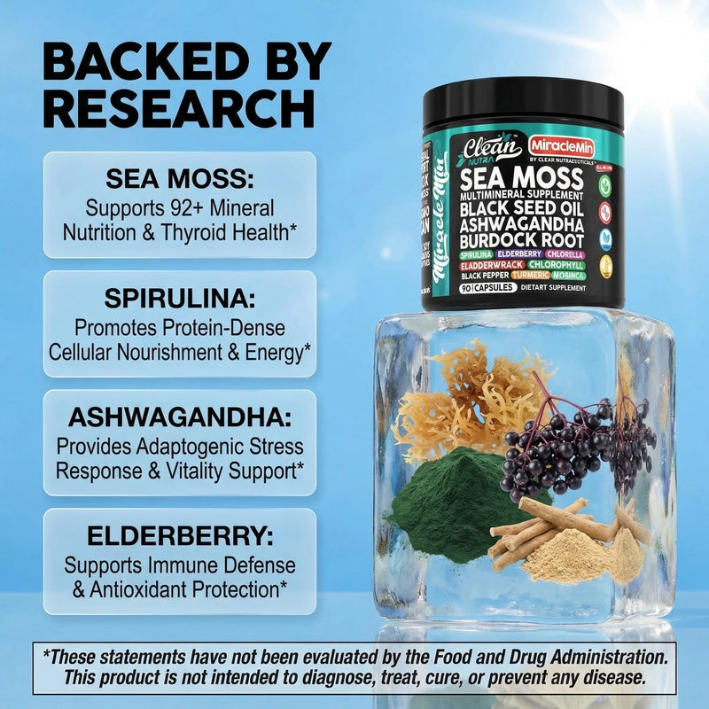 Clean Nutra Organic Sea Moss Capsules with Ashwagandha, Black Seed Oil, Burdock Root, Bladderwrack, Moringa, Chlorella, Spirulina, Turmeric, Elderberry, Amla � 90 Vegan Capsules � MiracleMin 1