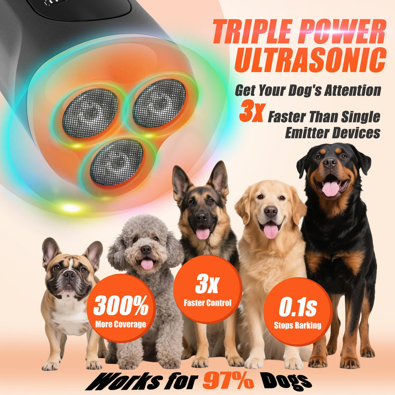 Dog Bark Deterrent Device - 3X Ultrasonic Anti Barking Device Stop Barking Control for Small Medium Large Dog Outdoor Indoor Behavior Correct 4 Training Modes Up to 50Ft Long Range