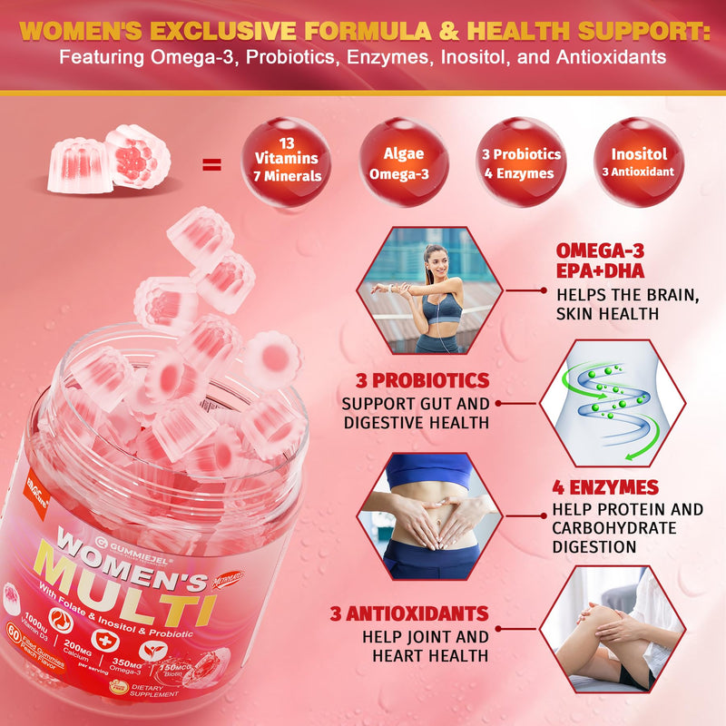 Women's Multivitamin Gummies-Methylated Multivitamin for Women with Omega-3 | Magnesium,Calcium, Enzymes,Probiotic & Antioxidant Blend to Support Overall Health, Immunity, Hair, Nails & Skin Health-2Pack 60 Count (Pack of 2)